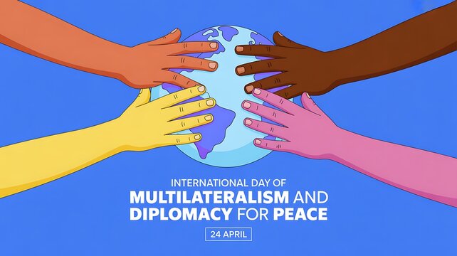 Diverse hands touching globe illustration for international day of multilateralism and diplomacy for peace