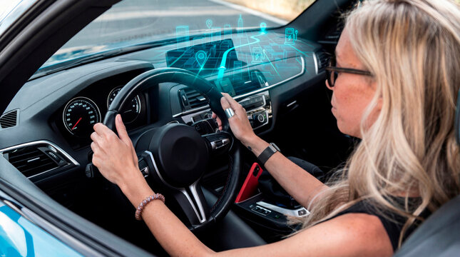 Professional driver navigating smart city map in hybrid vehicle