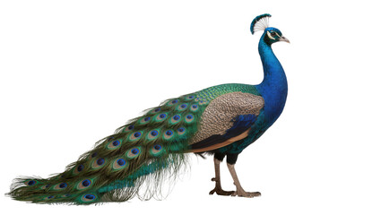 Fototapeta premium Majestic peacock with blue head long green tail, isolated on transparent background