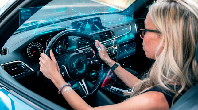 Analytical woman driving smart car using predictive AI dashboard