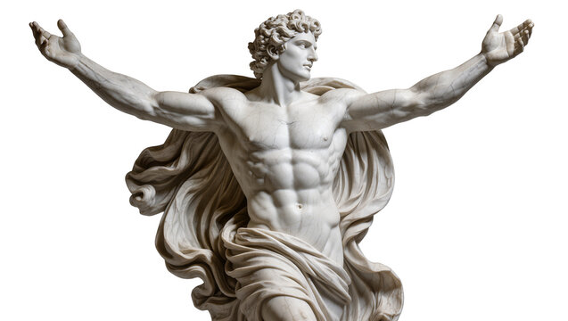Muscular classical marble male statue with flowing drapery arms outstretched, isolated on transparent background