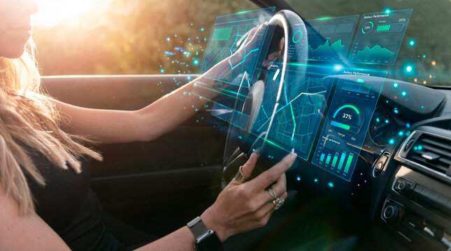 Strategic woman reviewing battery performance analytics in EV
