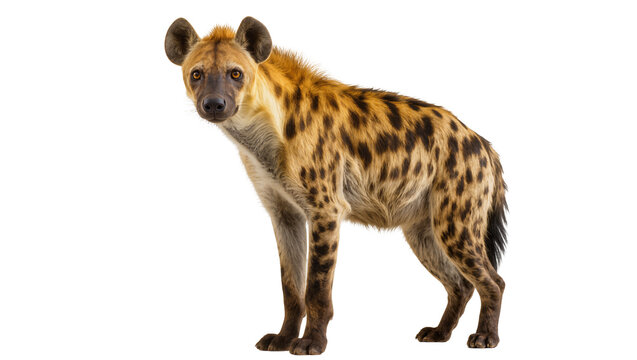 Spotted hyena standing alertly looking forward, isolated on transparent background