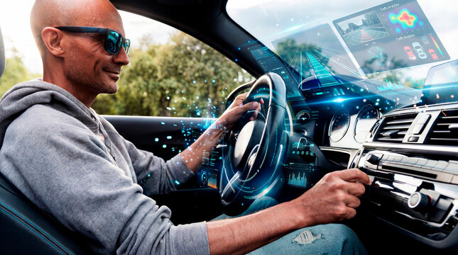 Skilled man controlling autonomous dashboard in intelligent vehicle