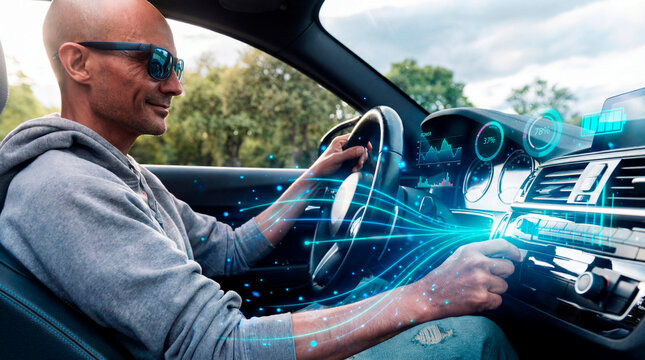 Efficient man adjusting smart dashboard controls while monitoring vehicle energy flow