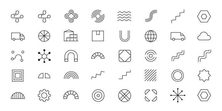 Geometric shapes and icons are arranged in a grid pattern on a white background