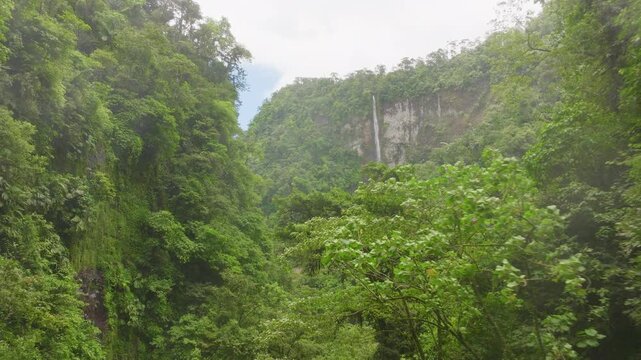 Majestic waterfall hidden deep in Costa Rica rainforest, surrounded by dense tropical foliage and dramatic green jungle scenery in natural wilderness.