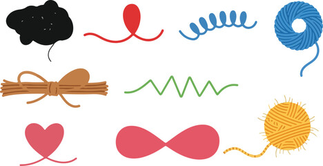 Creative yarn and thread strokes set with various shapes including heart and spiral for embroidery and knitting designs. © MDMUKTADIR