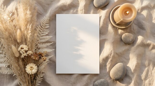 Blank Vertical Card Mockup - Bohemian Dried Botanical Flatlay POV