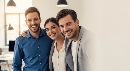 Fototapeta premium Three diverse office colleagues standing together smiling for group portrait in modern bright workplace environment with casual business attire worn.