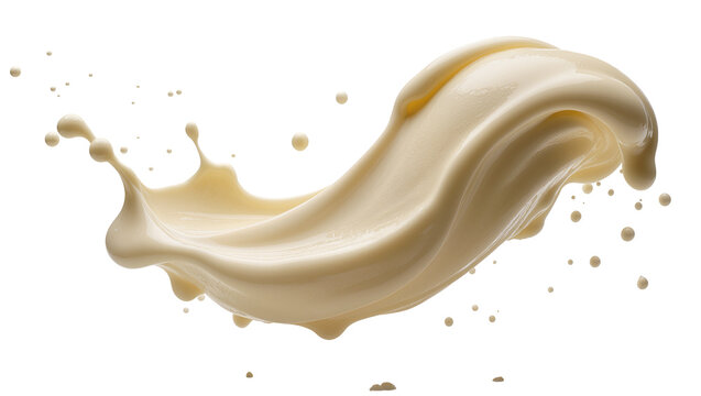 Dynamic creamy beige liquid splash with scattered droplets, perfectly isolated on transparent background for food design