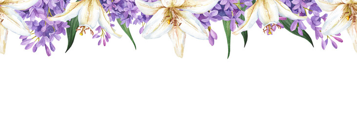 Watercolor seamless border with white lilies and lilacs. Pattern of vibrant spring flowers for invitations and design © Tatyana Sidorova