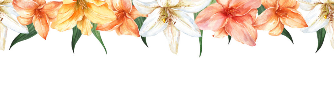 Watercolor seamless border with white and yellow lilies. Vibrant spring floral pattern for invitations and design