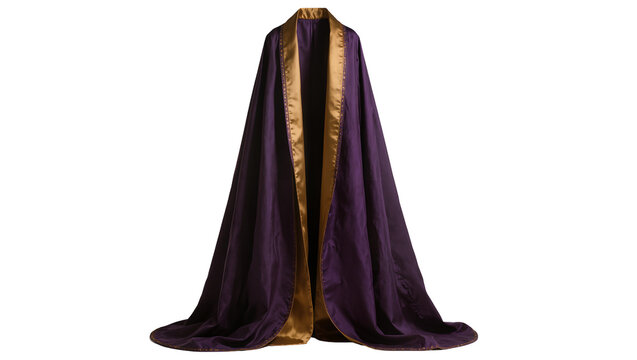Purple velvet cape golden satin elegantly draped, isolated on transparent background