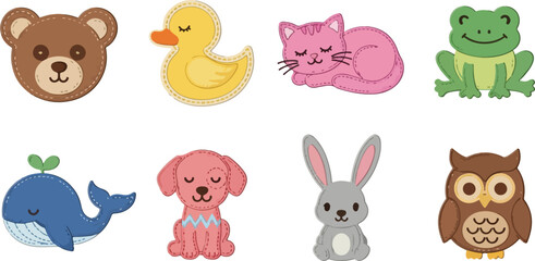Obraz premium Set of eight cute cartoon stuffed animal toys isolated on transparent background vector illustration.