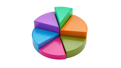 Fototapeta premium Colorful six-part 3D pie chart with one green segment slightly raised, isolated on transparent background