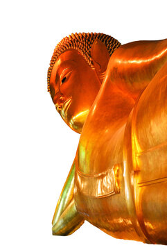 Sacred golden statue of a reclining Buddha (Parinirvana), in a resting position, traditional Thai sacred art with a transparent background for spiritual purposes, well-being, peace and enlightenment.