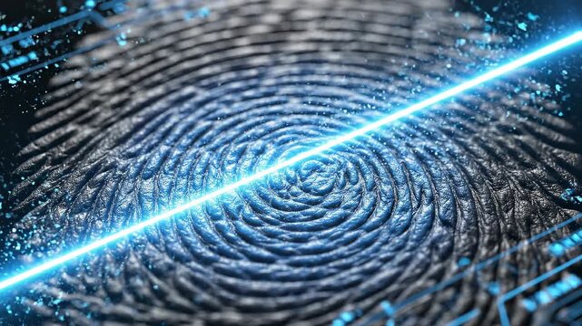 Close-up of a fingerprint illuminated by a laser beam, showcasing intricate patterns and a sense of technology