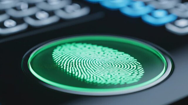 Close-up of a fingerprint scanner illuminating with green light against a blurred keyboard background, emphasizing security technology