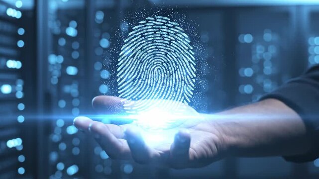 A close-up of a human hand holding a glowing digital fingerprint in a high-tech environment