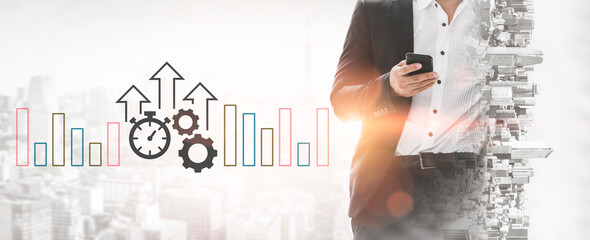 Obraz premium A business professional stands in a modern office, engaging with a smartphone while market growth graphics and a cityscape create a dynamic backdrop, symbolizing strategy and progress. Ledger