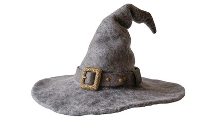 Grey felt witch hat with golden buckle, isolated on transparent background © Roxana