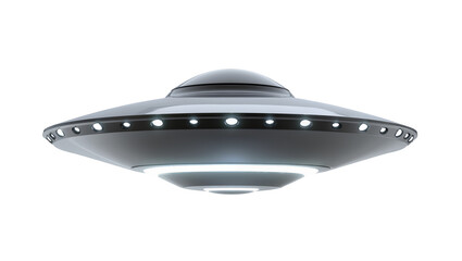 Sleek silver metallic flying saucer with glowing lights, isolated on transparent background © Roxana