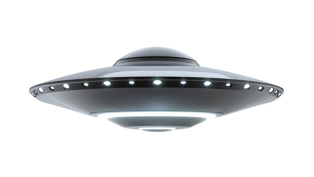 Sleek silver metallic flying saucer with glowing lights, isolated on transparent background