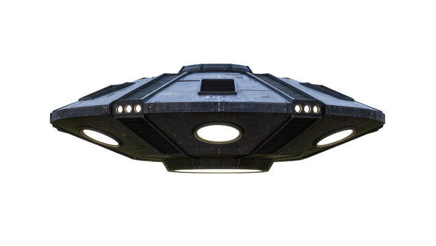 Dark metallic disc-shaped flying saucer with glowing lights, isolated on transparent background for sci-fi concepts