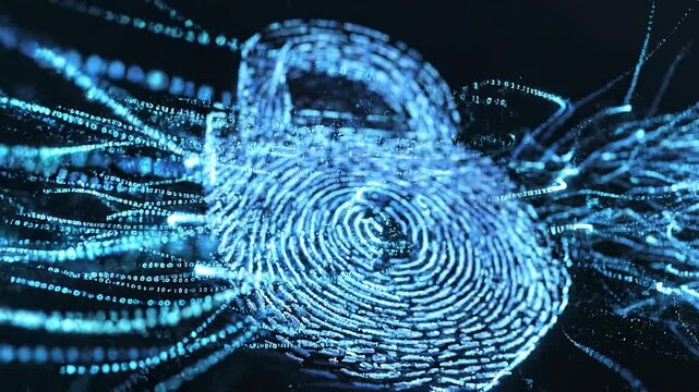 Close-up of a fingerprint rendered in glowing blue lines against a dark background, showcasing intricate patterns and details of the print