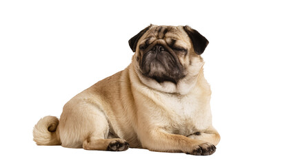 Obraz premium Fawn pug dog with black face resting, isolated on transparent background