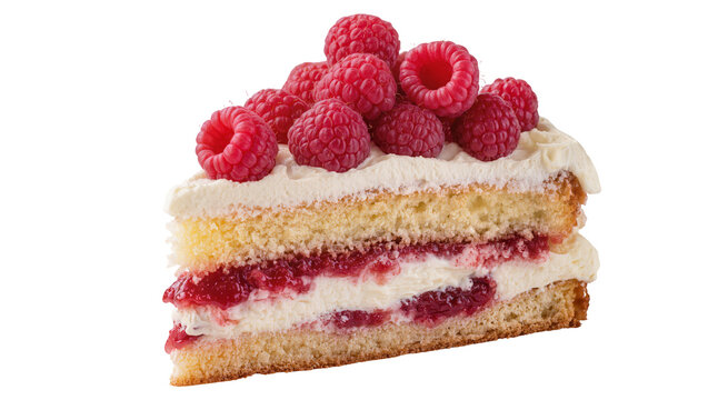 Raspberry cream sponge cake slice, isolated on transparent background for dessert