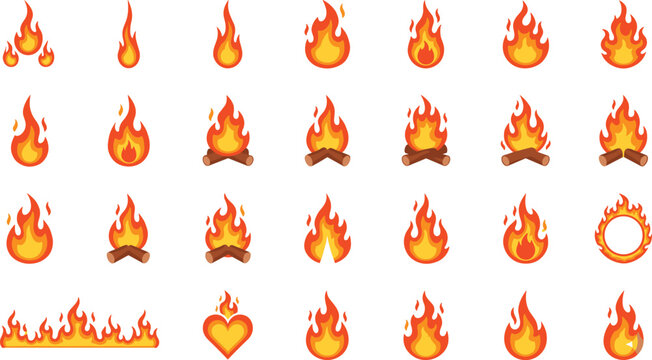 Fire and Flame Icons Set Featuring Flame Shapes, Heart, Campfire, Borders, and Circular Fire Elements for Digital Design and Websites