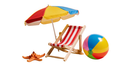 Colorful beach umbrella striped wooden deck chair inflatable ball and orange starfish, isolated on transparent background © Roxana