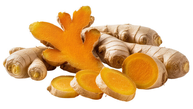 Fresh turmeric roots whole and sliced with vibrant orange-yellow interior, isolated on transparent background