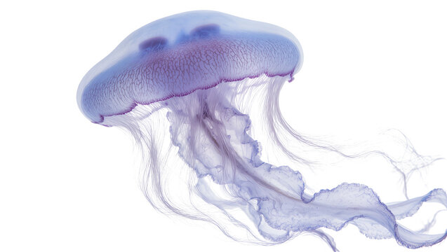Graceful blue and purple translucent jellyfish with flowing tentacles, isolated on transparent background for marine biology