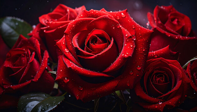 Beautiful close-up of velvety red roses covered in glistening water droplets against a blurred dark background showcasing elegant floral details