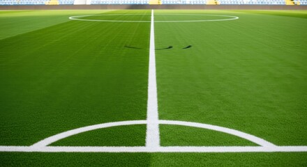Fototapeta premium a green soccer field with white lines on it and a black object in the middle of the field close up d