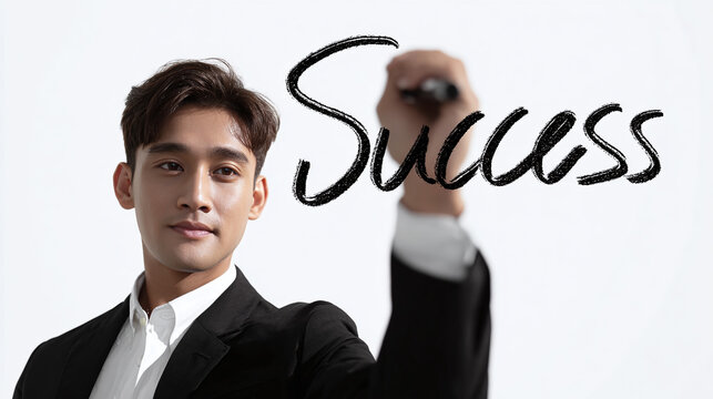 man in a suit write the word success in the air