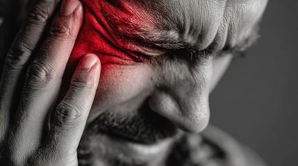 Naklejka premium Headache, man and massage temple with pain for dizziness, tired or stress on moving day. Red overlay, fatigue and male person with migraine for brain fog, health emergency or burnout in home