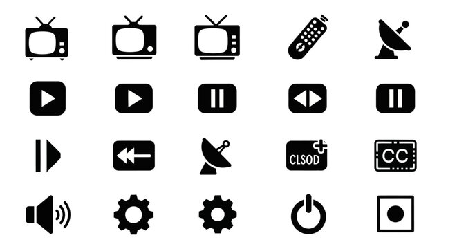 Media Icons Set, Video Playback Symbols, Black Vector Graphics, 20 UI Elements