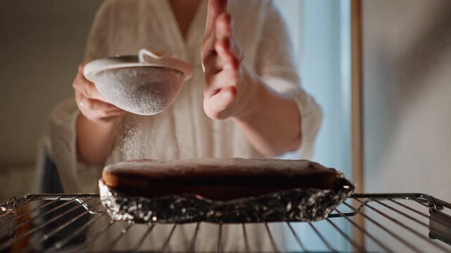 Hand sifts sugar over pumpkin pie on cooling rack with fine powdered sugar drifting onto golden crust, warm window light, shallow focus, holiday baking vibe, intimate kitchen scene with careful baker