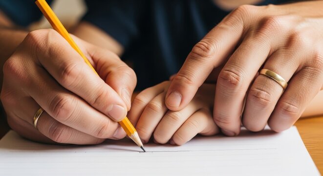a person writing on a piece of paper with a pencil and their hands close up detail view natural ligh