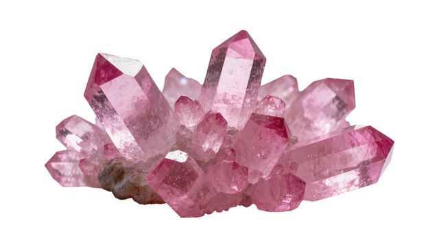 Vibrant pink quartz crystal cluster with sharp facets, naturally formed and isolated on transparent background
