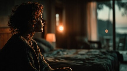 Naklejka premium Depressed woman sitting on the bed at night, she is sad and suffering from insomnia