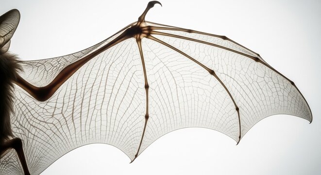 A detailed view of a bat's wing showing the thin skin and long finger bones against a bright light.