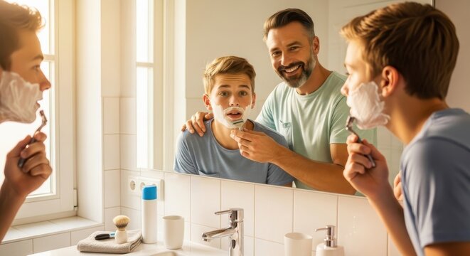 A man and a boy shaving together in a bathroom with a mirror father son shaving together bathing rou