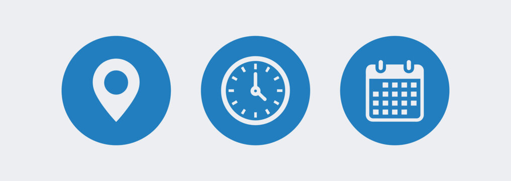 Date time location icon set, calendar and clock symbols, business scheduling icons, office time tracking concept, location pin markers, clean flat design elements for mobile apps, web interfaces, and 