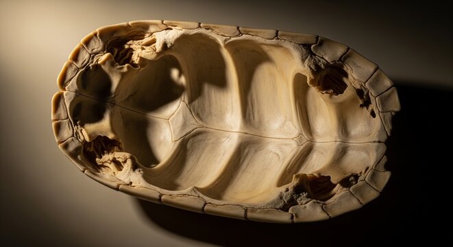 A close-up view of the empty interior of a brown turtle shell showing the natural bone structure and sections
