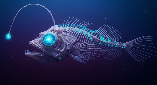 A skeletal anglerfish with a glowing blue light on its head and glowing spots along its body in dark water